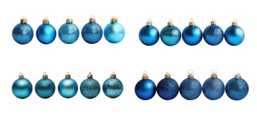 Rows of blue christmas baubles with gold caps arranged in patterns isolated on transparent background 4k video