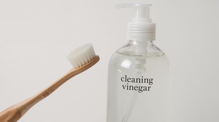 Cleaning vinegar bottle with wooden toothbrush on neutral background  