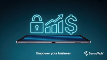 Cybersecurity for Growth: A digital tablet showcasing financial growth and security, with a glowing lock, a rising graph.