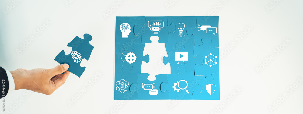 Poster creative concept of artificial intelligence integration in business solutions using puzzle pieces an