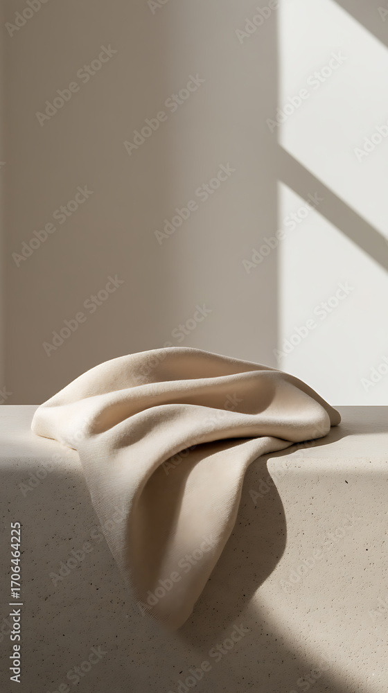 Poster neutral-toned fabric draped elegantly on a textured surface, bathed in soft light with shadow play, 