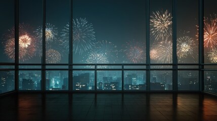 Spectacular cityscape view through large window with vibrant fireworks display on new years eve