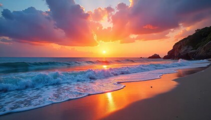 Vibrant sunset over a tranquil beach, waves gently lapping the shore, creating a serene and joyful atmosphere Perfect for travel, vacation, or relaxation themes , happy, peaceful, freedom