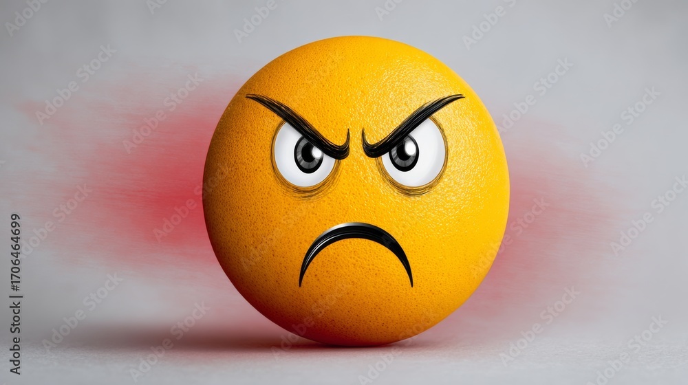 Poster yellow angry face with red eyes and a red line around it. the red line is a representation of the an