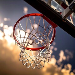 Close-up of a basketball hoop with a sunlit sky background