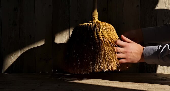 Hand gently touches broom in dramatic sunlight over wooden background