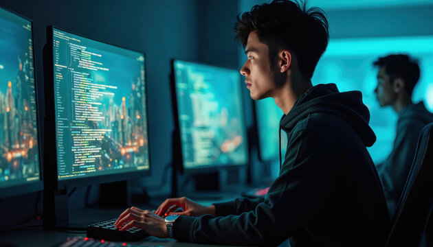 Young Asian man types code on keyboard in dark room, lit by computer screen glow. He concentrates intensely on digital interface, representing future tech, AI, and gaming.