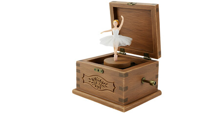 Wooden music box with ballerina figure isolated PNG with Transparent Background