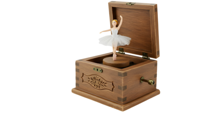 Wooden music box with ballerina figure isolated PNG with Transparent Background