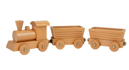 Wooden toy train with two carriages isolated PNG with Transparent Background