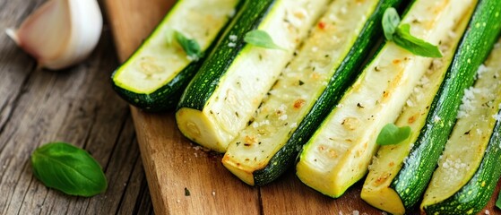 Grilled zucchini slices with herbs and salt rustic food photography
