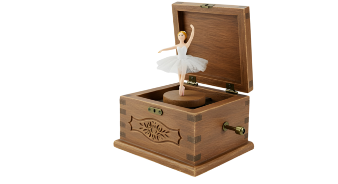 Wooden music box with ballerina figure isolated PNG with Transparent Background - Powered by Adobe