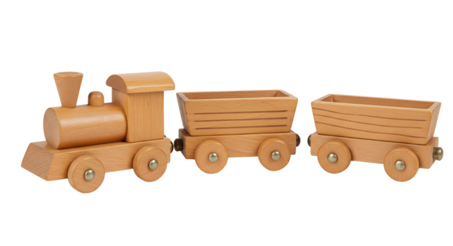 Wooden toy train with two carriages isolated PNG with Transparent Background