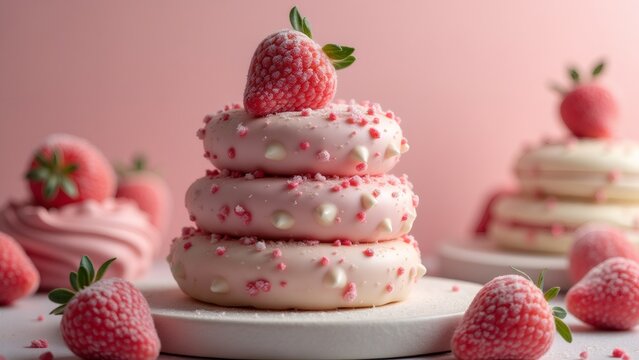 Strawberry donut tower with pink icing & sprinkles on white plate today