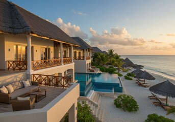 Luxurious Zanzibar beach resort surrounded by swaying palms and pristine turquoise waters.
Perfect for travel, tropical getaway, and high-end vacation visuals.