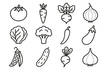 Line Style Garden Produce. Line style icons of garden produce: tomato, carrot, beetroot, onion; lettuce head, broccoli floret,
