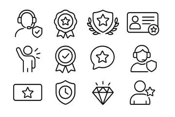 Support Badge Icons. Line style icons of support badges and labels: verified agent, expert badge, premium support, priority pass;