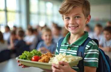 Smiling schoolboy holds lunch tray with healthy meal in cafeteria. Wears green striped shirt, backpack. Kids blurred in background. Balanced diet includes salad, tomato, mashed potatoes, chicken