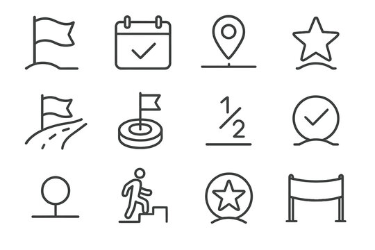 Project Milestones Icons. Line style icons of project milestones: milestone flag, key event icon, timeline marker, completion star