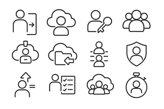 User Access Icons. Line style icons of user access: login icon, account in cloud, permission key, user group icon; cloud access