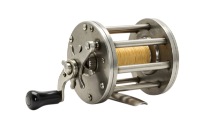 Vintage fishing reel with yellow line isolated PNG with Transparent Background
