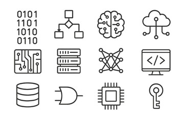 Computer Science Icons. Line style icons of computer science: binary code, algorithm chart, AI brain, data cloud; circuit board,