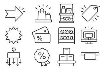 Impulse Buying Icons. Line style icons of impulse buying: last minute sign, tempting display, checkout rack, bonus item; flashing