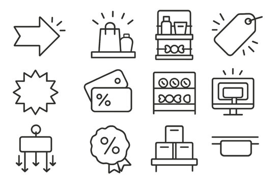 Impulse Buying Icons. Line style icons of impulse buying: last minute sign, tempting display, checkout rack, bonus item; flashing