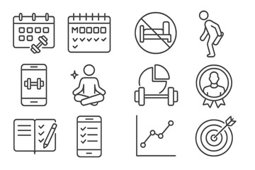 Fitness Routine Icons. Line style icons of fitness routines: workout calendar, 7-day plan, rest day symbol, warm-up stretch;