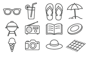 Weekend Vibes Icons. Line style icons of weekend vibes: sunglasses, drink with straw, flip-flops, beach umbrella; grill, radio,
