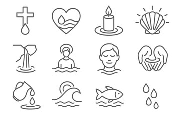 Faith and Water Icons. Line style icons of faith and water: cross and droplet, heart with wave, candle and ripple, shell and light