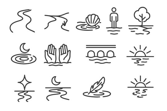 Serene River Icons. Line style icons of rivers and reflection: winding river, riverbank, shell in sand, tree by water; ripple and