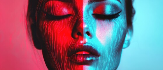 Closeup woman face red cyan light skin texture beauty portrait