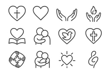 Icons of Christian Love. Line style icons of Christian love and grace: heart with cross, open heart, shared hands, hands with