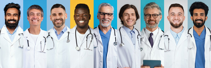 A collage features a diverse group of medical professionals, including men of different...