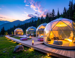 Floating tranquility domes offering immersive soundscapes, calm music, and holographic visual meditative guidance.