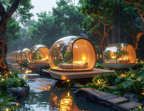Floating meditation pods with translucent floors allowing views of glowing streams in a biophilic environment.