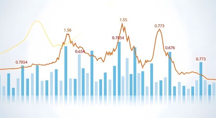 Dynamic Financial Data Visualization: An Abstract Infographic of Light Blue Bar Charts, Vivid Orange Line Graph, and Soft-Focus Red-Orange Numerical Values Against a Clean White Background. Is This
