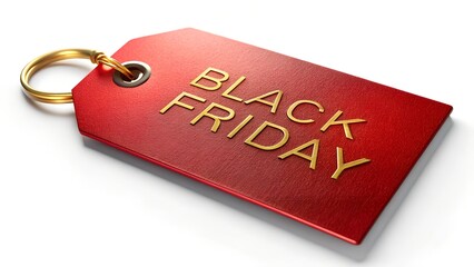 A red textured tag with gold lettering that says black friday and a gold ring, isolated on a white background, symbolizing a sale event and shopping