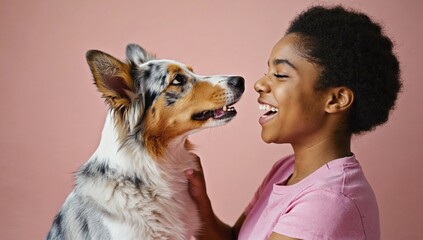Joyful moment between woman and her dog, captured in heartwarming embrace. Woman smile gently holding dog face, dog looks with playful expression. Happy and strong bond between pet and its owner