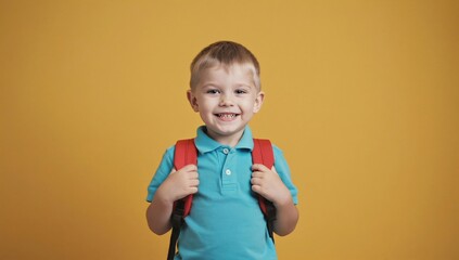 Cheerful little boy with bright smile, wearing blue polo shirt and red backpack, standing against yellow background. His hands hold straps of his backpack, create sense of readiness and excitement