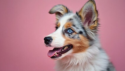 Cheerful puppy with white and brown coat, blue eyes, and playful expression, set against pink background. Australian Shepherd Aussie. Copy space