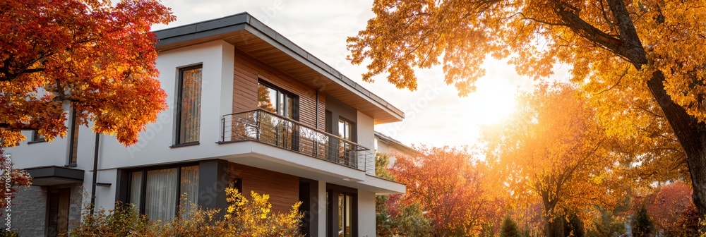 Poster house with a balcony and a tree in front of it