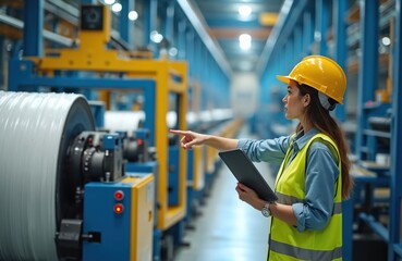 Female engineer in hard hat, safety vest inspects machinery in factory. Holding tablet, points to large industrial equipment. Woman manager oversees production, ensuring optimal operations, safety