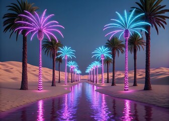 Neon palm trees illuminated desert landscape reflecting vibrant lights at night