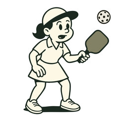 Pickleball player vintage cartoon grooyvy style, retro illustration of pickle ball game