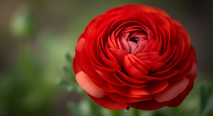 Close-up of red ranunculus flower, showcasing layered petals and intricate texture, symbolizing beauty, romance, and springtime freshness