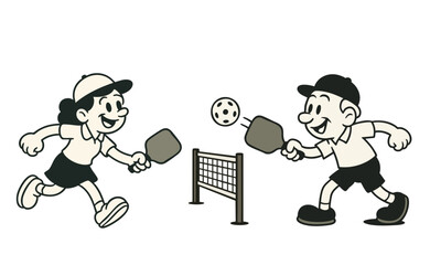 Pickleball players, cartoon vintage style. Retro illustration of pickle ball players.