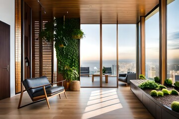 Fototapeta premium Modern interior with city view showcasing biophilic design elements and abundant natural light