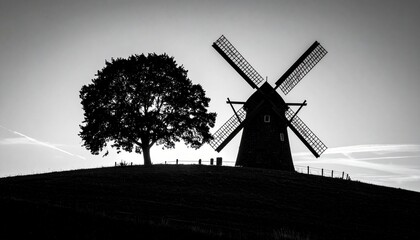 Black and white silhouette of a windmill and leafy tree on a hilltop, framed against a clear sky with contrails—evoking solitude and timeless rural beauty.